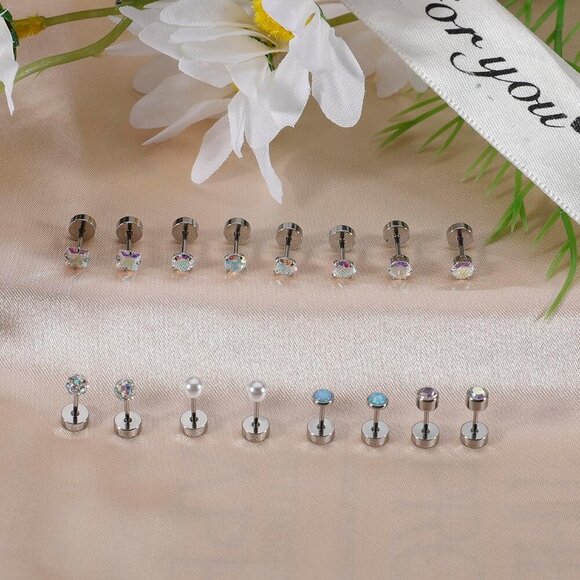 8 Pairs Titanium Surgical Steel Earrings for Women Men Hypoallergenic Flat Back - Picture 4 of 7